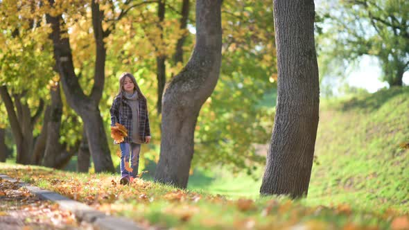 cute girl in a coat walks through the autumn park, holds a bouquet of autumn foliage