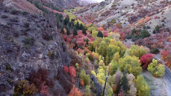 Flying past rocky hillside over colorful Fall foliage alt