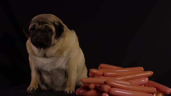 Close Up of Cute Pug Sitting with Pile of Sausages on Black Background alt