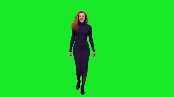 Elegant Stylish Woman Walking and Smiling on Green Screen