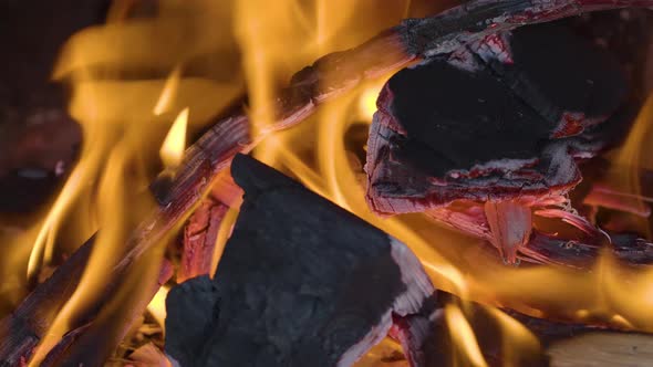 Burning wood in a fireplace