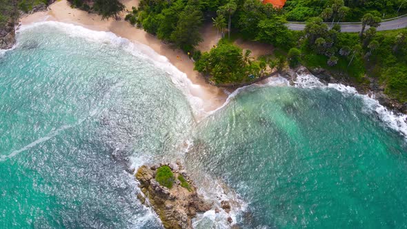 Aerial view over white beach sand and sew water clear. Nature view tropical beach Phuket, Thailand. alt