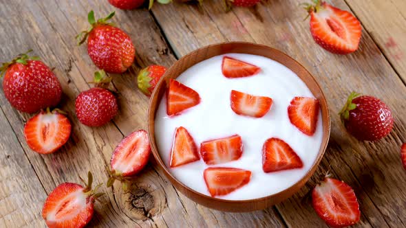Strawberries Yogurt in Wood Bowl