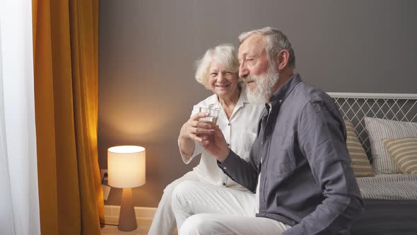 Senior Couple at Home Smiling Wife Give Glass of Water to Husband alt