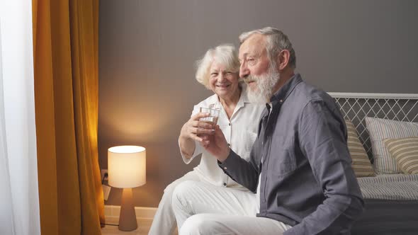 Senior Couple at Home Smiling Wife Give Glass of Water to Husband