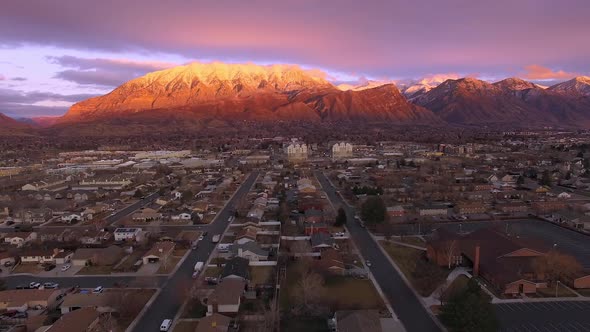 Aerial view of Orem City during sunset in Utah alt