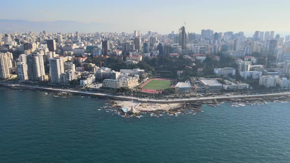 Aerial drone shot of Beirut Waterfront