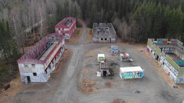 Airsoft Park with Buildings and Hideouts Aerial Establishing