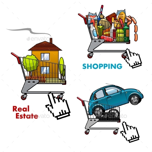 Shopping Carts With Food, Car And Real Estate - Retail Commercial / Shopping