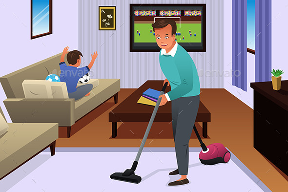 Father Vacuuming the Carpet in the House - People Characters