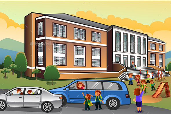 Parents Picking Up Kids from School - People Characters