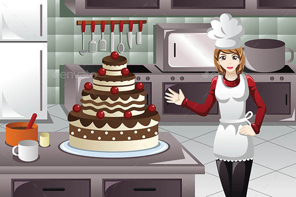 Pastry Cook Decorating a Cake - People Characters