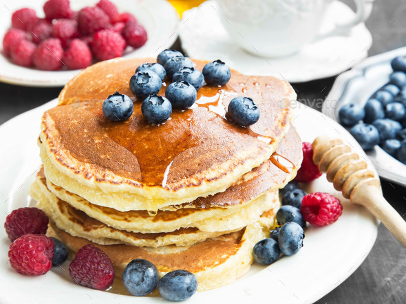Honey Pancakes with Blueberries and Raspberries