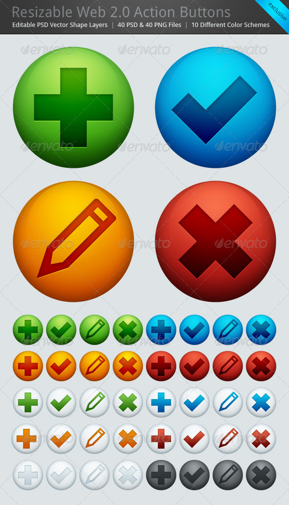 Resizable Web 2.0 Action Buttons - Set of 40 - Buttons Web Elements