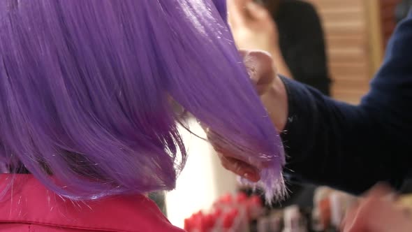 Violet Lilac Short Wig Under the Bob Which is Combed By the Hands of the Hairdresser of the Makeup alt