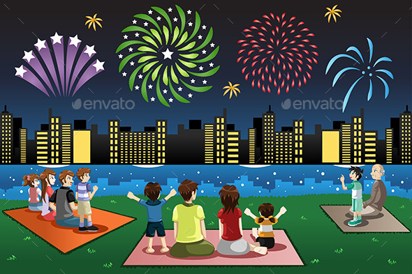 Families Watching Fireworks in a Park - People Characters