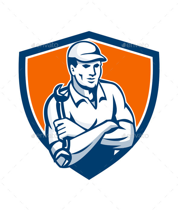 Mechanic Holding Spanner Arms Crossed Shield - People Characters