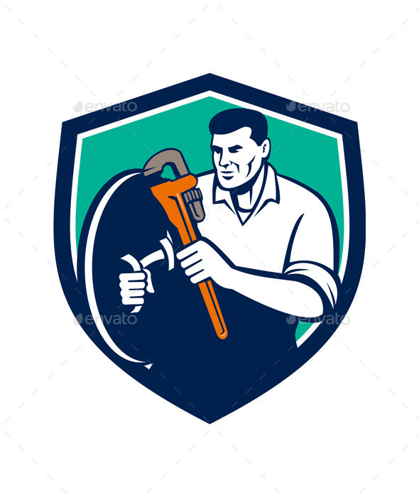 Plumber Brandishing Wrench Shield - People Characters