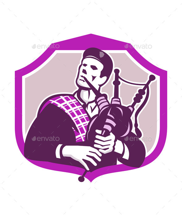 Scotsman Playing Bagpipes Shield - People Characters