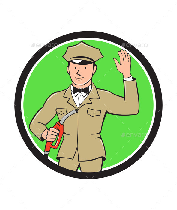 Gas Jockey Attendant Waving Circle Cartoon - People Characters