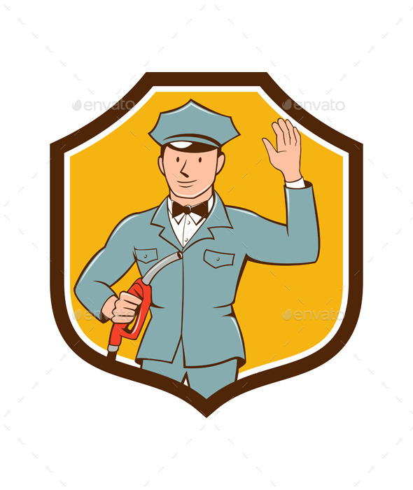 Gas Jockey Attendant Waving Shield Cartoon - People Characters