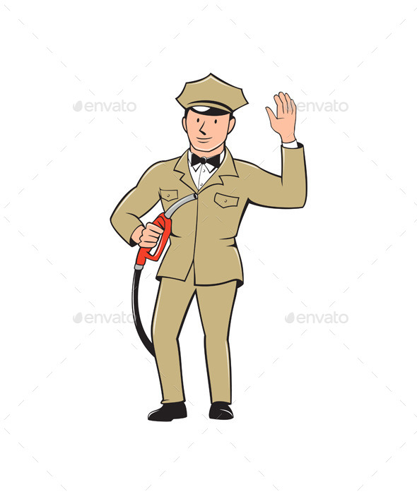 Gas Jockey Attendant Waving Isolated Cartoon - People Characters