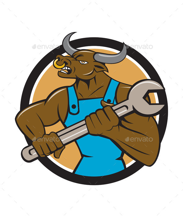 Mechanic Minotaur Bull Spanner Circle Cartoon - Animals Characters