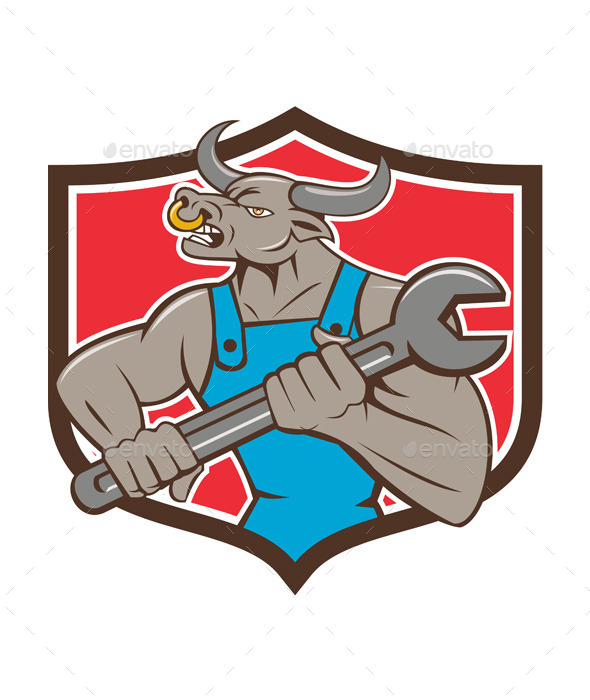 Mechanic Minotaur Bull Spanner Shield Cartoon - Animals Characters