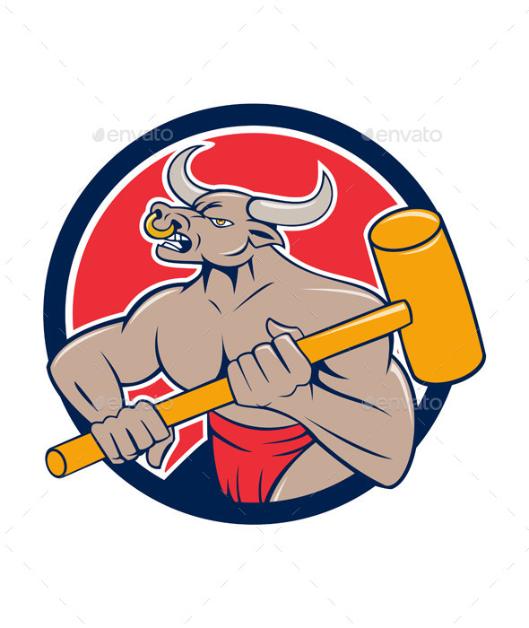 Minotaur Wielding Sledgehammer Circle Cartoon - Animals Characters