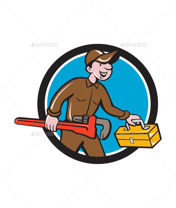 Plumber Carrying Monkey Wrench Toolbox Circle - People Characters