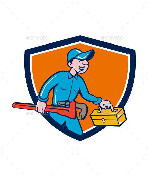 Plumber Carrying Monkey Wrench Toolbox Shield - People Characters