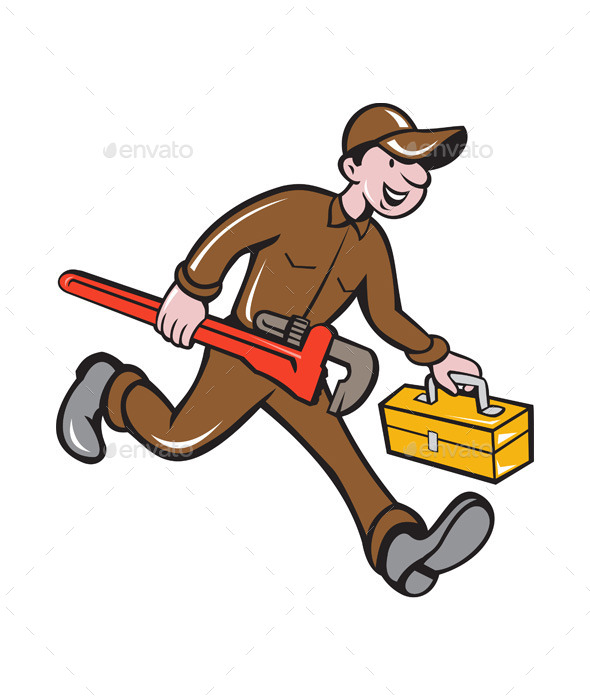 Plumber Carrying Monkey Wrench Toolbox Cartoon - People Characters