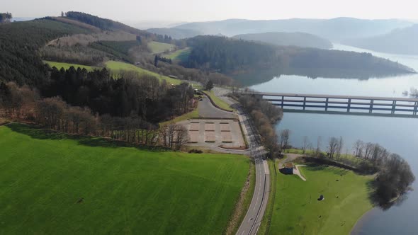 Flight Over Road By the Lake at Spring