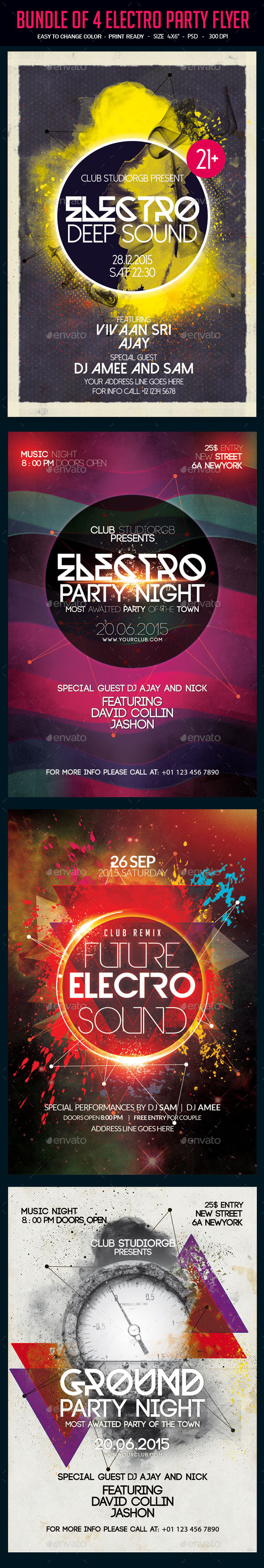 Bundle of 4 Electro Party Flyer vol. 2 - Clubs & Parties Events