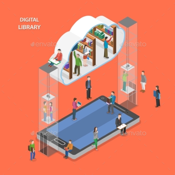 Digital Library Flat Isometric Vector Concept. - Computers Technology