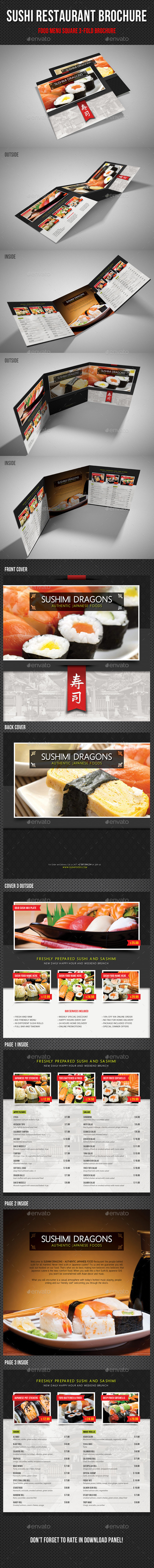 Sushi Restaurant Menu Square 3-Fold Brochure 04 - Food Menus Print Templates