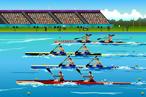 People Riding Canoe in River During Competition - Sports/Activity Conceptual