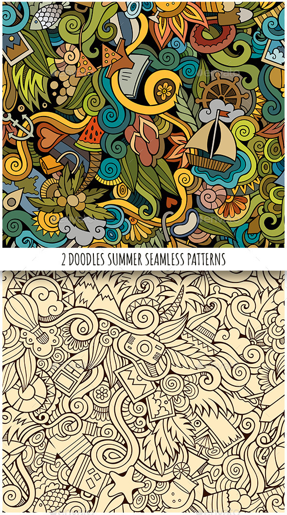 2 Summer Holidays Doodles Seamless Patterns - Seasons Nature