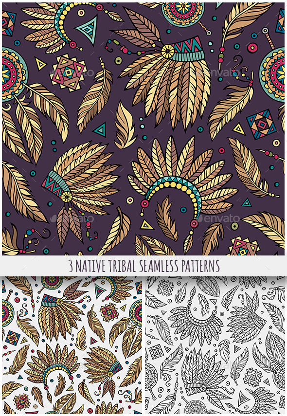 3 Tribal Native Ethnic Seamless Patterns - Decorative Symbols Decorative