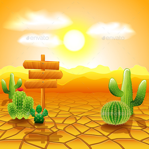 Desert Landscape with Wooden Sign and Cactus - Landscapes Nature