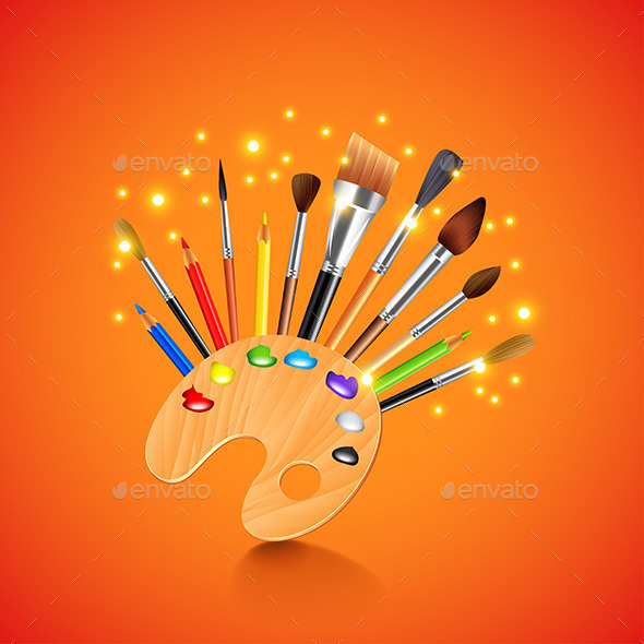 Palette and Brushes on Orange Background - Man-made Objects Objects