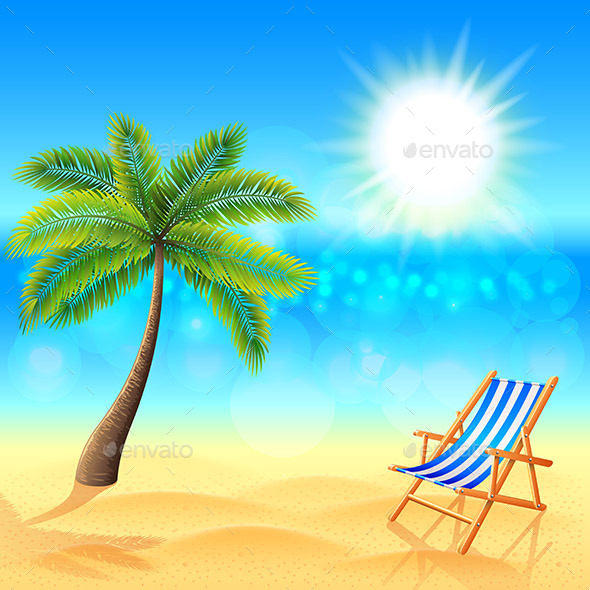 Palm and Deck Chair on Sunny Beach - Landscapes Nature