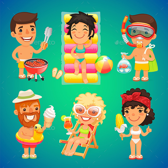 Happy Cartoon Characters on the Beach - People Characters
