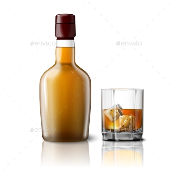 Blank Realistic Whiskey Bottle with Glass - Man-made Objects Objects