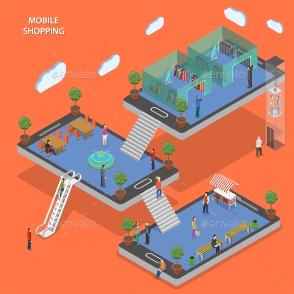 Mobile Shopping Flat Isometric Concept - Retail Commercial / Shopping