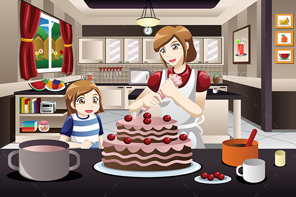 Mother Daughter Decorating a Cake - People Characters
