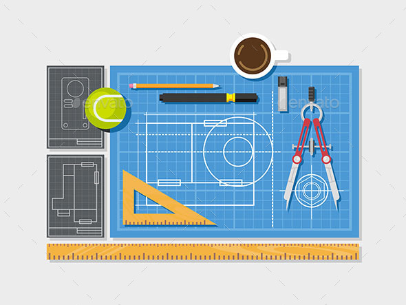 Blueprint with Ruler, Compass and Cup of Coffee - Man-made Objects Objects