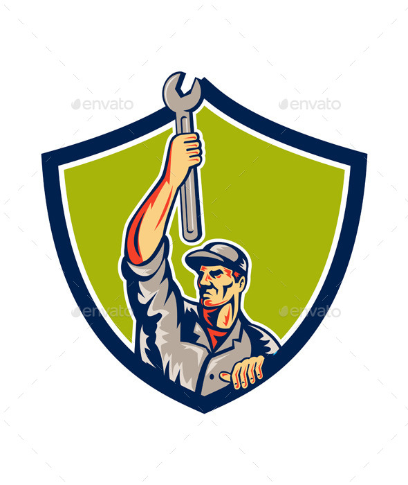 Mechanic Raising Up Spanner Wrench Shield Retro - People Characters