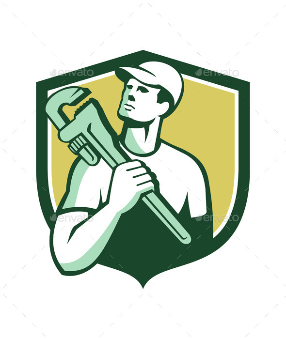 Tradesman Plumber Wrench Shield Retro - People Characters