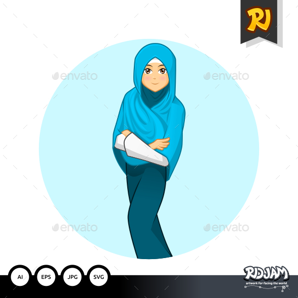 Muslim Woman with Folded Arms Wearing Blue Veil - People Characters